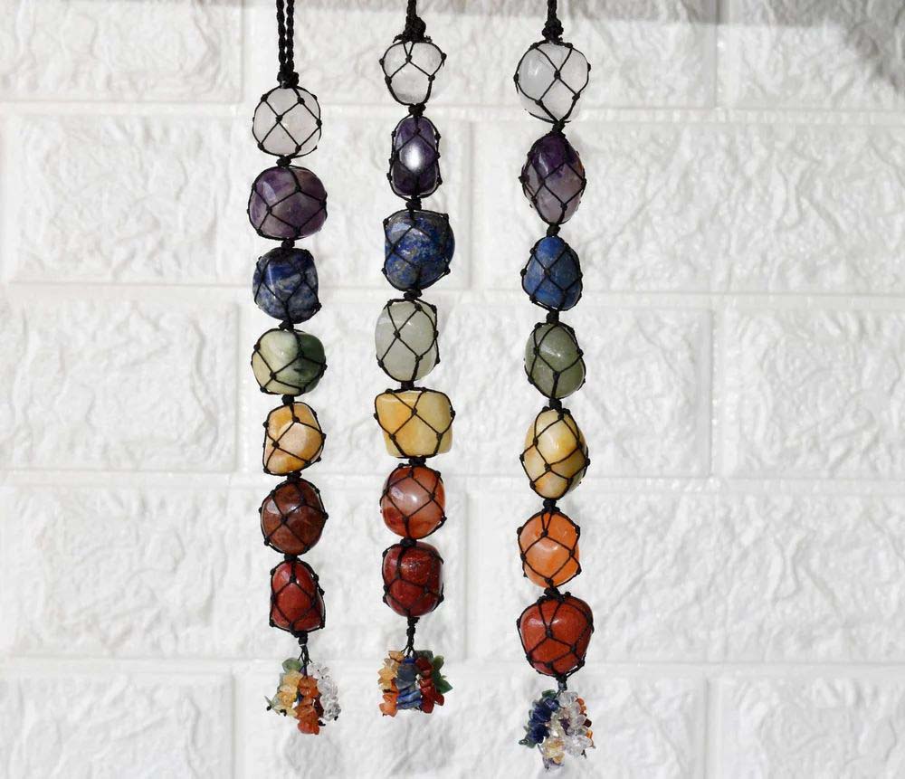 7Chakra Tumbled Stone Car Hanger With Chips Tassel