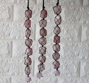 Rose Quartz Tumbled Stone Car Hanger With Chips Tassel